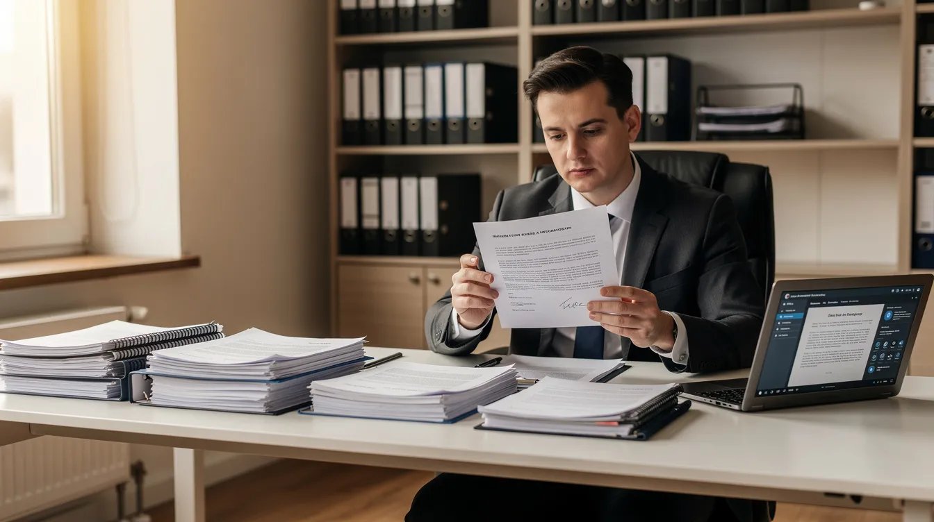 A person is sitting at a desk, intently reviewing legal documents while a laptop is open beside them, suggesting they are involved in a financial process, possibly related to loan applications or credit evaluations. The scene conveys a sense of professionalism and focus, indicating the importance of understanding terms like "免 tu 貸款" and "信貸 評 級" in their work.