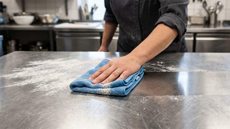 Cleaning flour off a stainless steel table