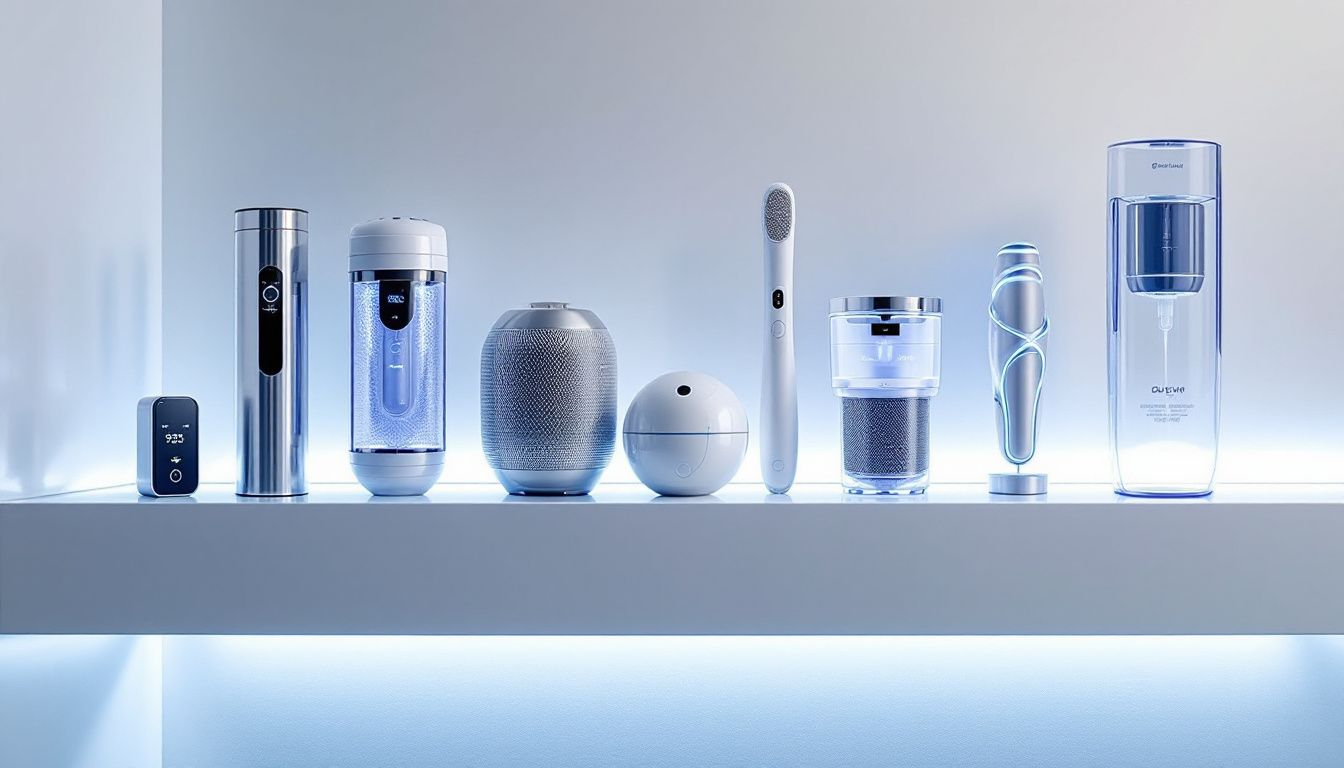 Different types of shower water filters displayed on a bathroom shelf.