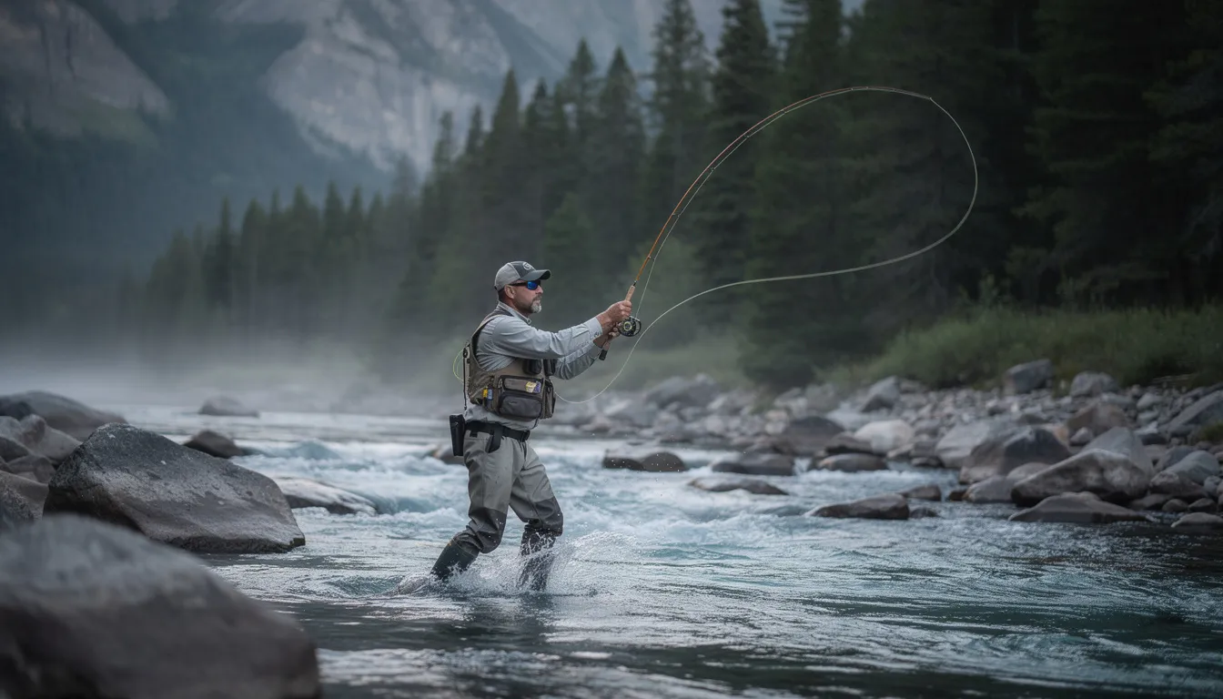 Wędkarz w wodzie górskiej rzeki wykonuje rzut lekką wędką muchową, a w tle widać skaliste brzegi oraz gęsty las świerkowy. Scena oddaje atmosferę wędkarstwa muchowego, z akcentem na techniki łowienia ryb, takich jak pstrągi czy lipienie.