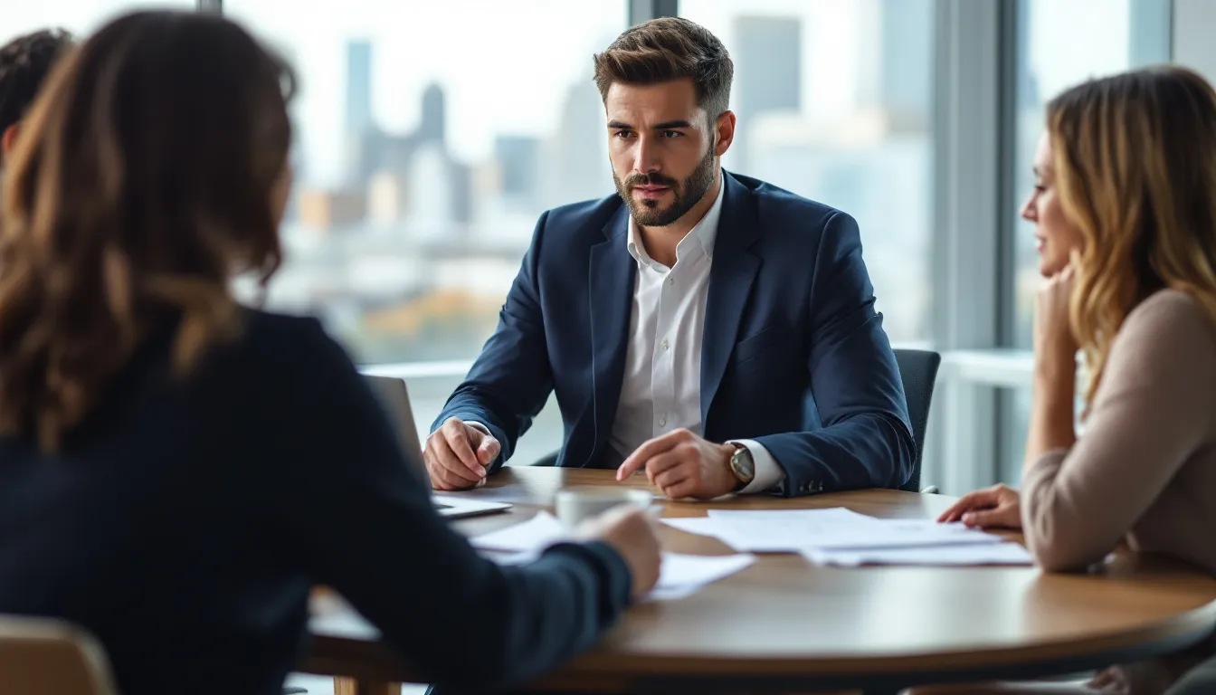 An Organized Real Estate Professional Is Seated At A Table, Reviewing Important Closing Documents With Clients, Who Appear Engaged And Focused. The Setting Conveys A Sense Of Collaboration As They Discuss Aspects Of The Real Estate Transaction, Such As Closing Costs And The Final Walkthrough Before The Closing Date.
