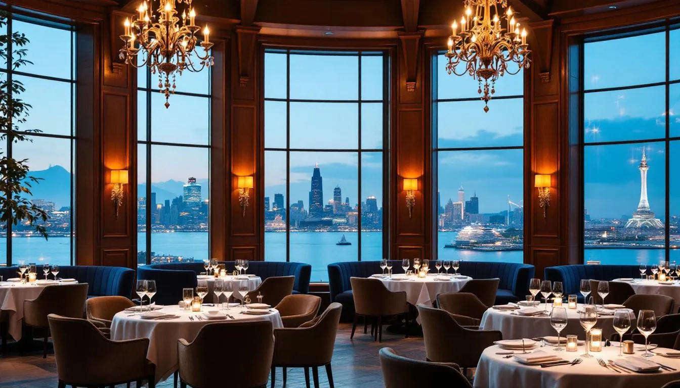 In this image, a luxurious fine dining restaurant is depicted, featuring elegant furnishings and sophisticated decor that create an upscale ambiance. The table settings include white tablecloths and fine dining service, enhancing the intimate dining experience with gourmet dishes artfully presented.
