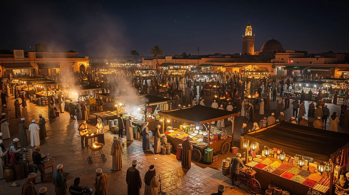 The image depicts Jemaa el-Fna square in Marrakech at night, bustling with crowds enjoying the festive atmosphere, surrounded by illuminated stalls adorned with twinkling lights and vibrant decorations. This scene captures the essence of Christmas celebrations in Morocco, blending local traditions with holiday cheer.