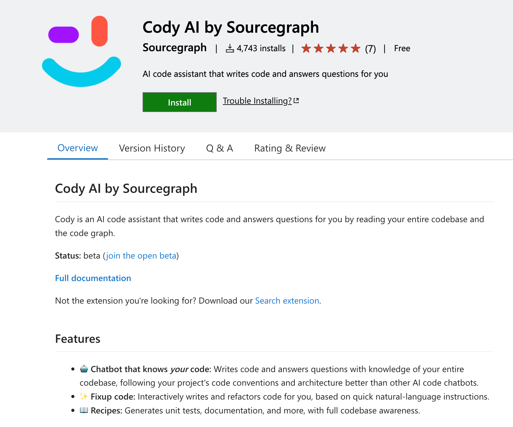 Cody AI app page in VScode Marketplace