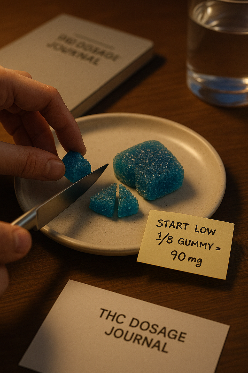 Torch Hulk gummy being sliced into eighths with dosage note beside it, in a mindful setup including journal and water, emphasizing safe consumption.