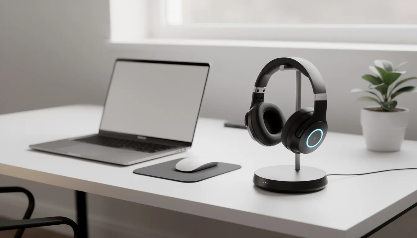 The image depicts a clean desk setup featuring a Yealink WH62 wireless headset docked on its charging base beside a laptop. This arrangement emphasizes a distraction-free environment ideal for video conferencing and ensures users can enjoy HD voice quality during their daily communication.