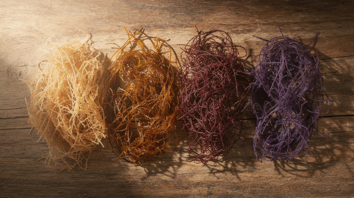 The image displays dried sea moss in a variety of natural colors ranging from golden to purple, gently spread across a rustic wooden surface. This raw sea moss is known for its numerous health benefits, including support for gut health and immune system function.