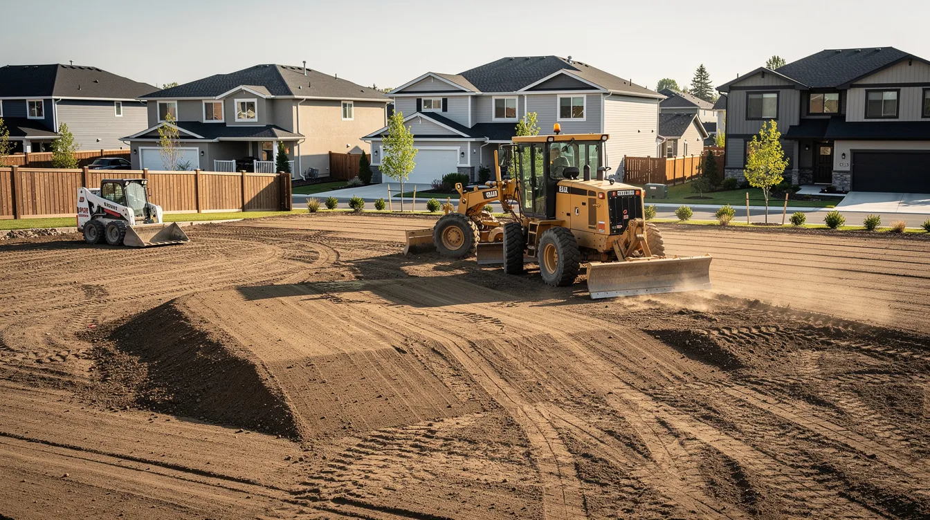 A wide view of a residential lot shows grading equipment actively preparing the soil for a landscaping project, highlighting the outdoor space's transformation. The scene emphasizes the importance of soil preparation in landscape design, setting the stage for future garden beds and hardscape elements.