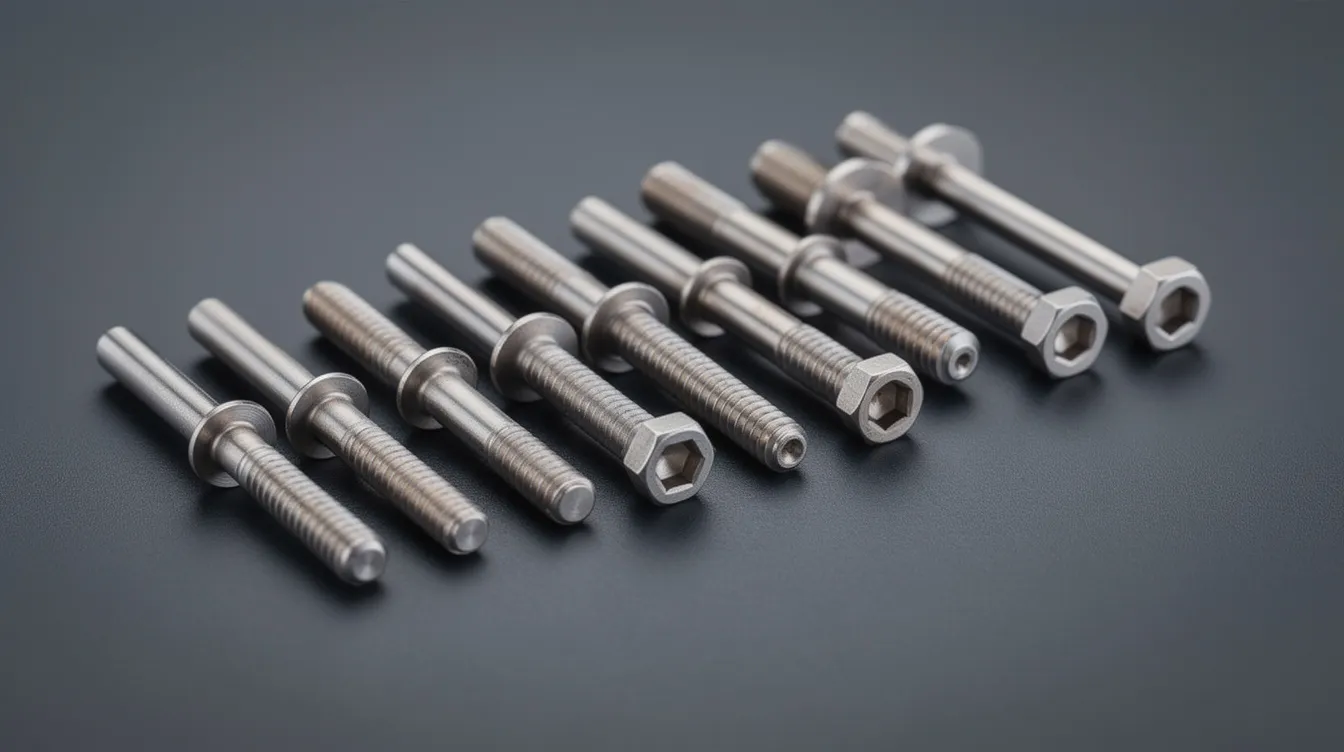 An array of small Swiss-turned titanium medical screws and pins is neatly arranged on a dark surface, showcasing the precision and quality typical of advanced CNC machining services. These components are essential for medical devices, highlighting the machining capabilities and stringent quality control found in the best CNC machining companies.