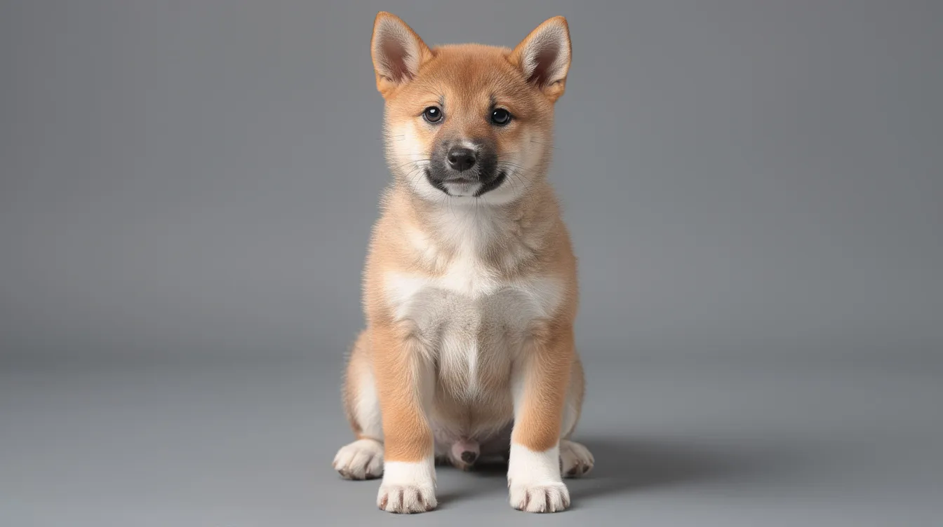 A playful canaan dog puppy with a wedge-shaped head and erect ears is depicted in a fenced-in area, showcasing its solid brown coat with white trim. The puppy has an inquisitive expression, highlighting the breed's intelligent and curious nature.