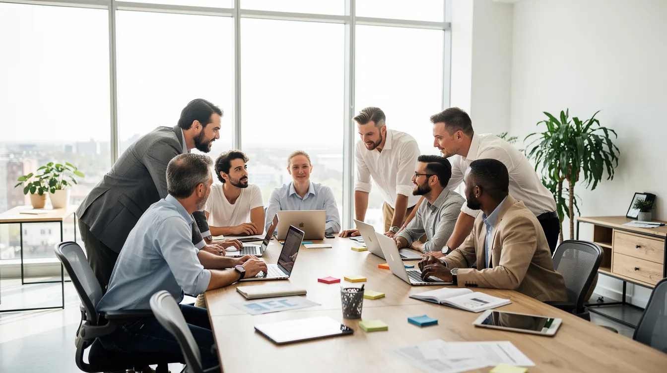 L'image montre une équipe diversifiée de collaborateurs, réunis autour d'une grande table dans un espace lumineux et moderne, échangeant des idées et des stratégies pour renforcer le leadership au sein de leur entreprise. Cette scène illustre la force du leader exécutif à travers la collaboration et la prise de décision collective.