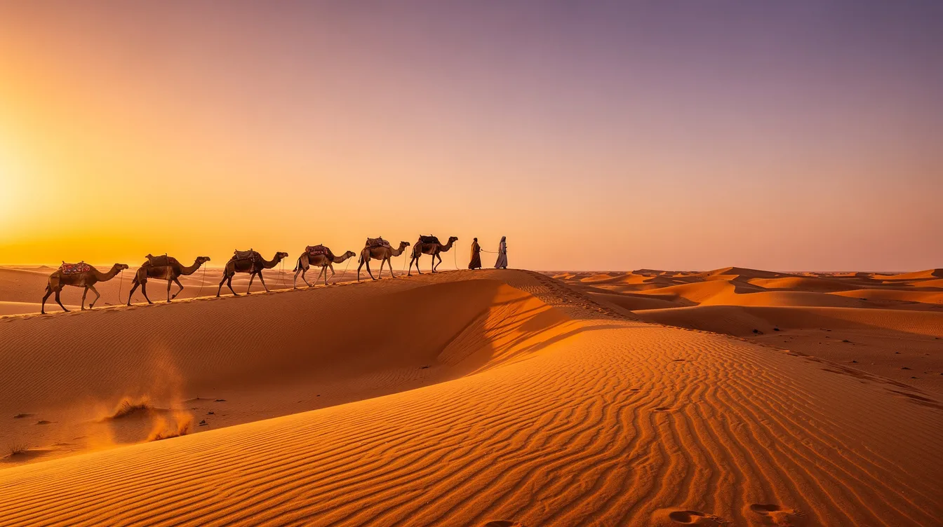 A panoramic view of the golden Sahara Desert at sunset showcases majestic dunes with a line of camels gracefully walking along a ridge, highlighting the stunning natural beauty of Morocco. This scene captures the essence of adventure and exploration, perfect for gay travelers seeking to experience the rich culture and landscapes of North Africa.