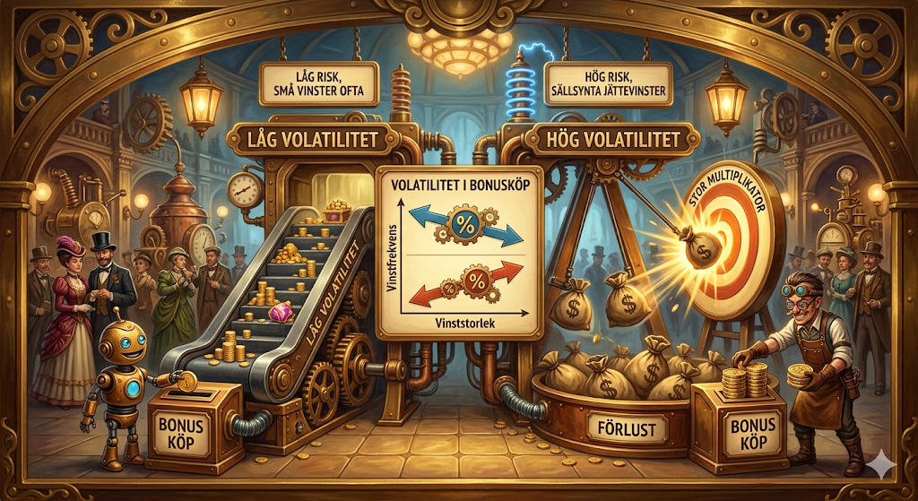 Illustration av volatilitet i slots – låg vs hög risk och bonus buy funktion