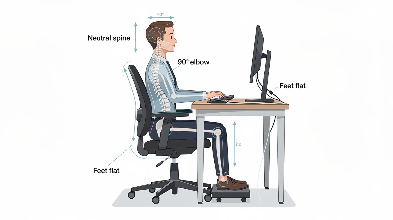 The image shows a side view of a person seated at a desk, demonstrating correct ergonomic posture with their feet flat on the floor and spine aligned, emphasizing wellness and comfort in the workspace. This illustration highlights the importance of ergonomic solutions for productivity in both office and home settings.