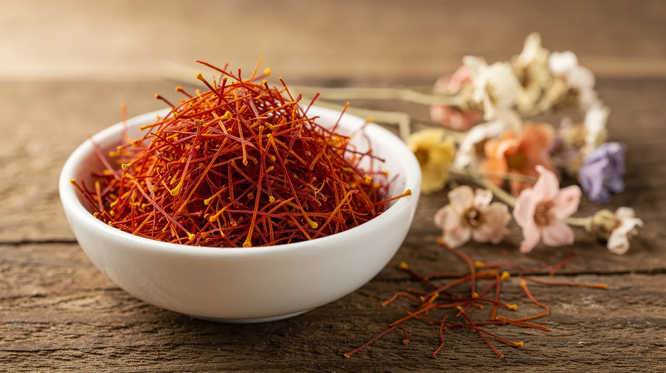 The image features vibrant saffron threads arranged in a small ceramic bowl, accompanied by delicate dried flowers, highlighting their natural beauty. Saffron is known for its aphrodisiac properties, which may enhance sexual desire and improve sexual function for both men and women.