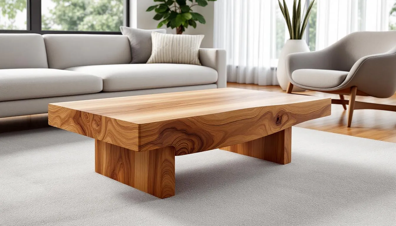 A beautifully crafted timber coffee table with striking natural wood grain patterns sits in a modern living room, complementing the space with its mid-century modern design. The table showcases quality craftsmanship and adds a touch of elegance to the overall decor.