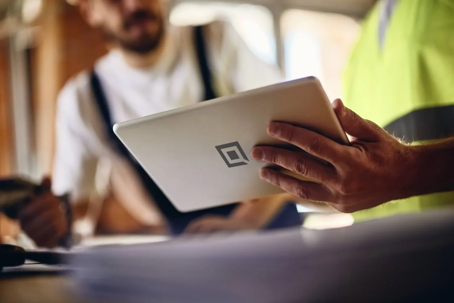 man holding tablet with QUAD logo on 