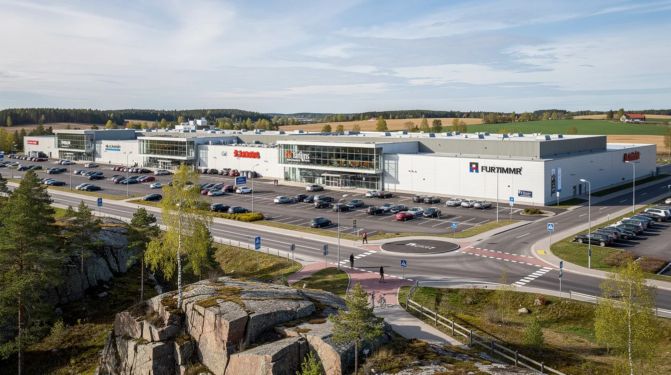 En modern handelsområde i Skåne med stora möbelvaruhus som erbjuder ett brett utbud av möbler och inredning. Området har en rymlig parkering och är omgiven av ett vackert svenskt landskap, där färger och textilier från olika butiker skapar en inbjudande atmosfär.