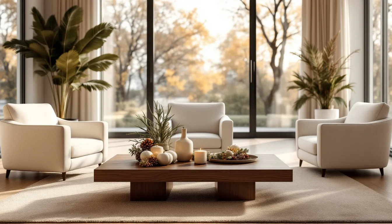 A beautifully decorated living room showcasing seasonal décor on a coffee table.