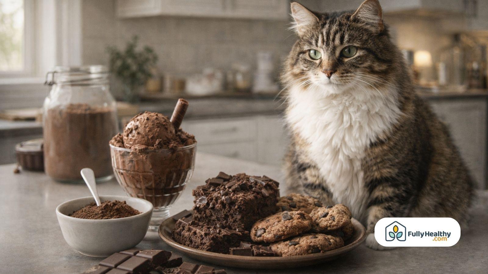 Cat sitting beside chocolate desserts including brownies cookies and cocoa powder