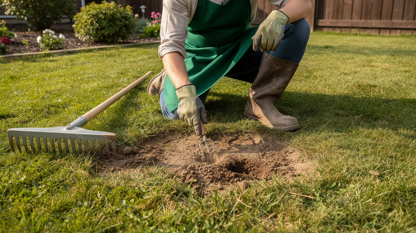 A gardener is seen loosening a bare lawn patch using a rake and hand fork, preparing the soil for lawn repair. This process helps to improve the growth of grass roots and allows for the effective re-seeding of the area with grass seed.