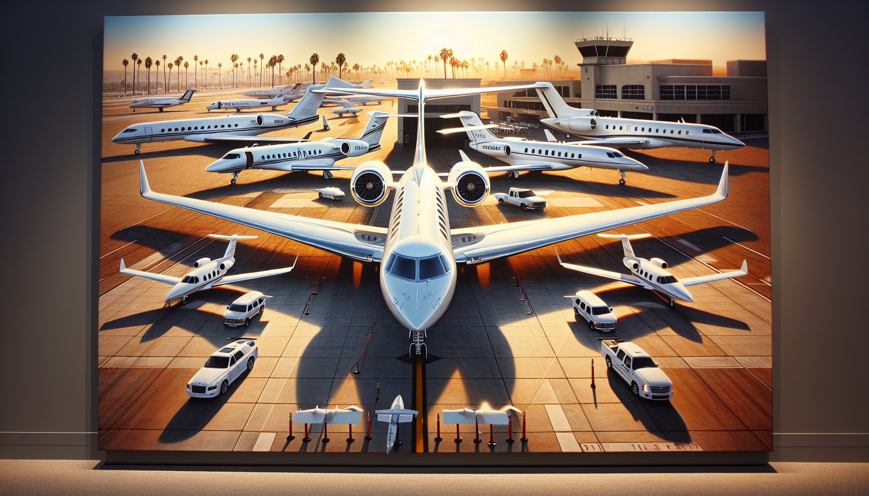 Artistic depiction of a diverse fleet of state-of-the-art aircraft at Fullerton Municipal Airport