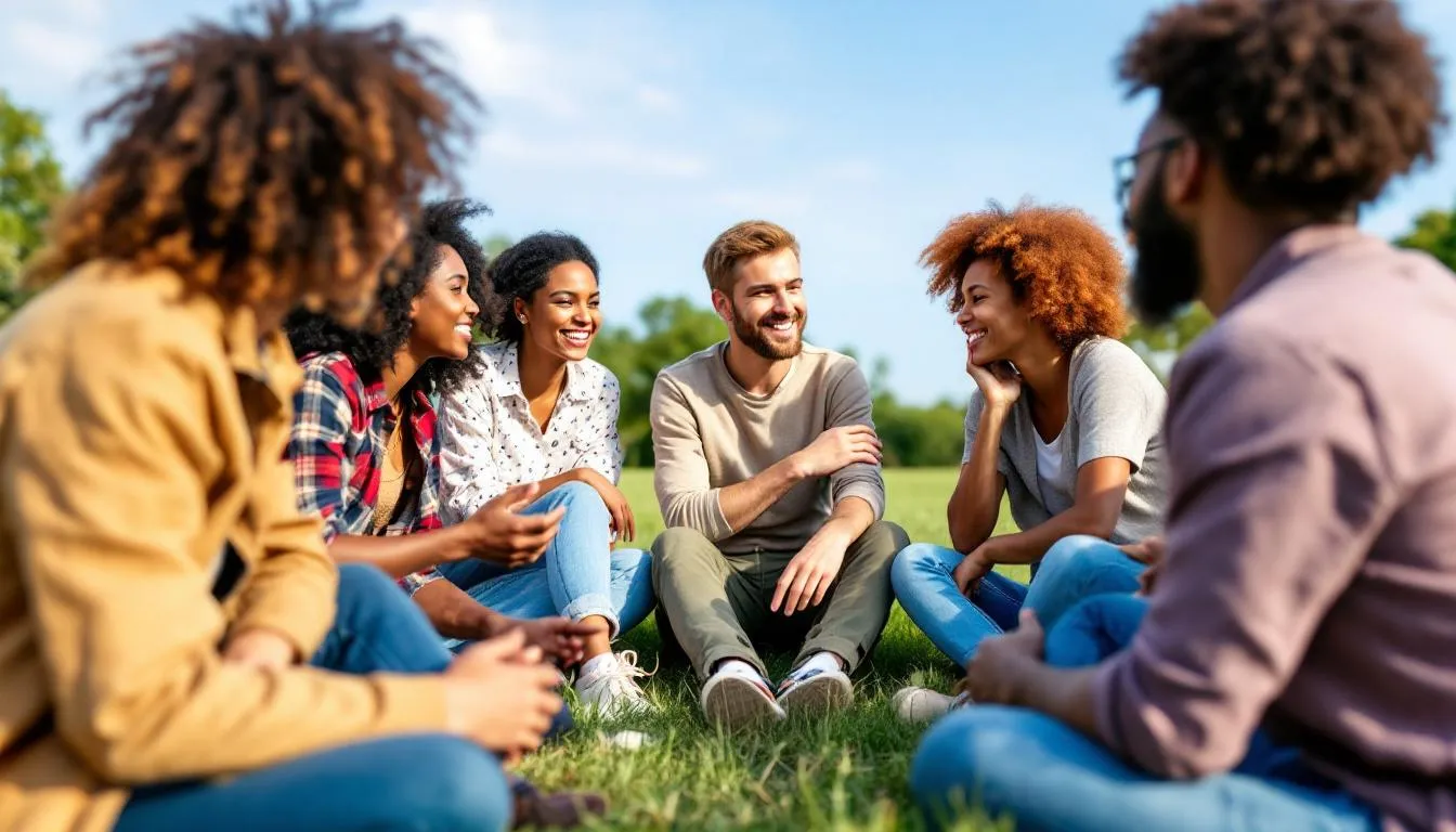 Diverse group of people sitting in a circle, actively engaged in discussion, fostering team building and enhancing communication skills. This setting encourages collaboration and strengthens relationships among team members in a fun and engaging way.