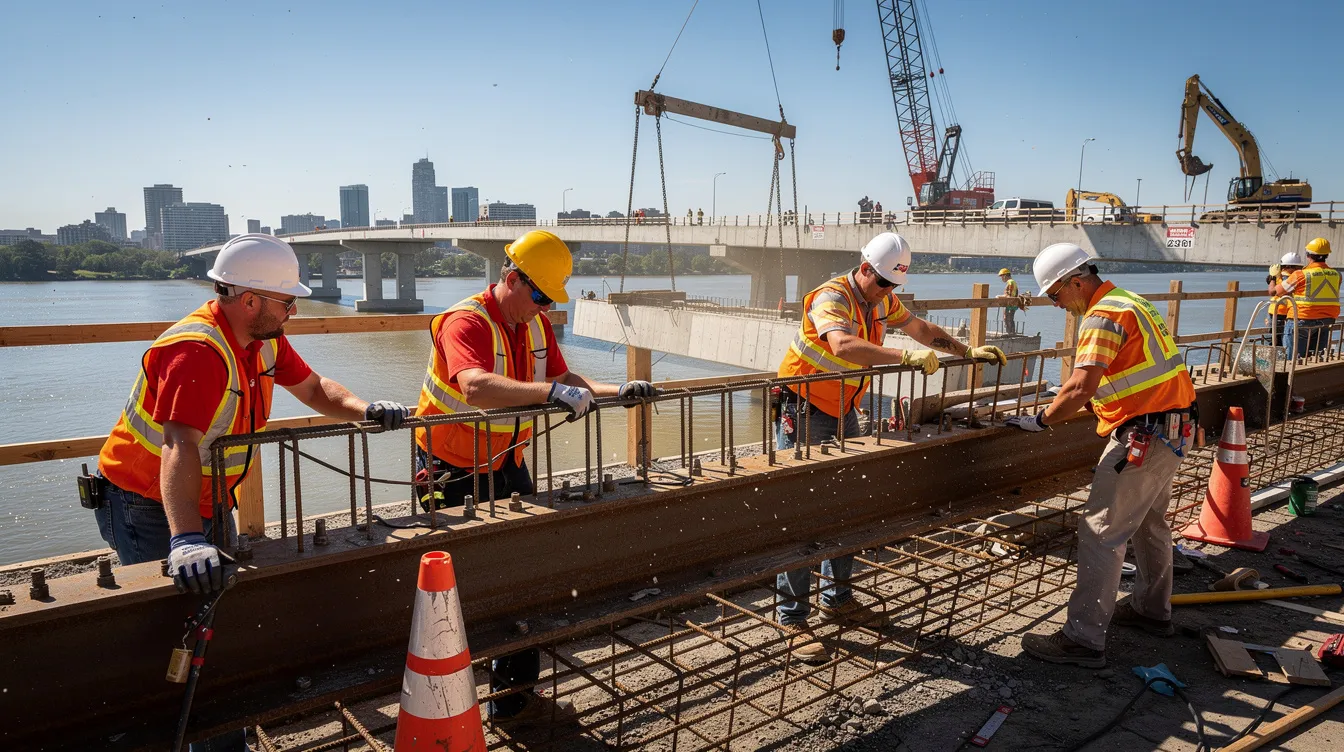 A group of construction workers, clad in safety vests and hard hats, are diligently working on a bridge infrastructure project, ensuring compliance with prevailing wage requirements and the Davis-Bacon Act. The scene highlights the importance of certified payroll and fair labor practices in federally assisted construction contracts.