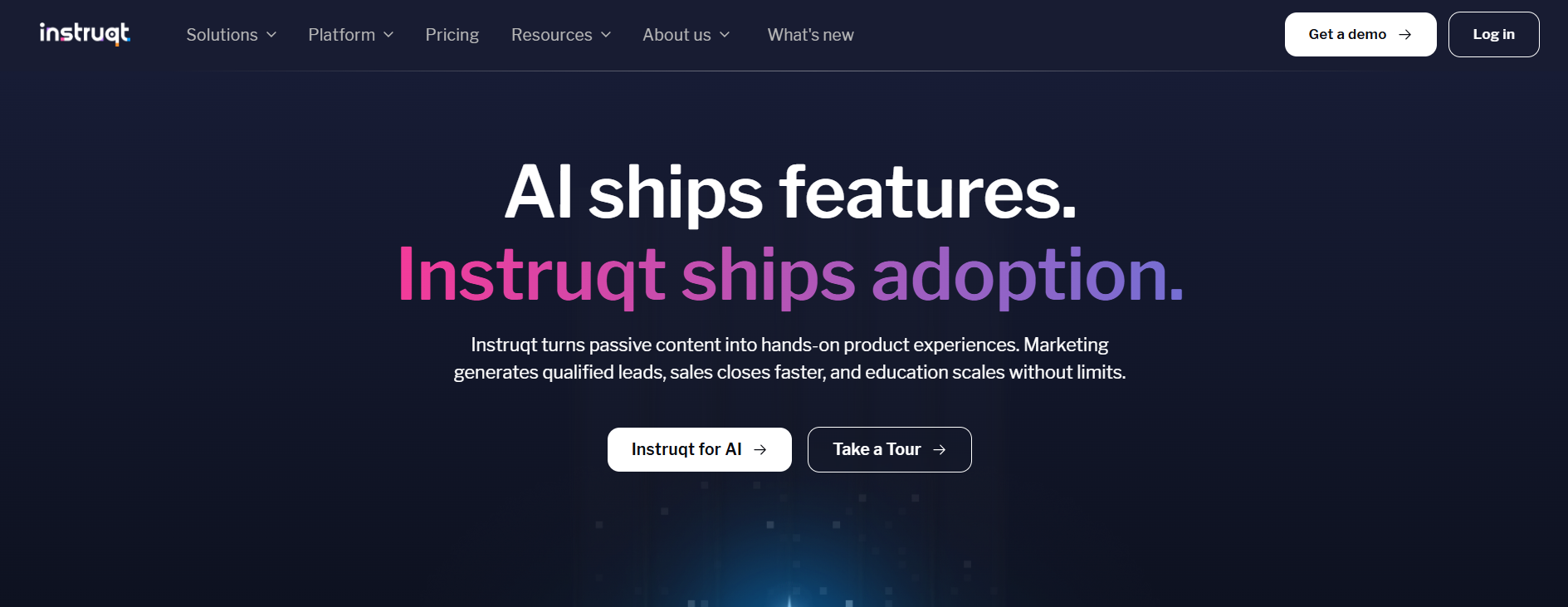 Homepage of an interactive software training platform featuring AI-powered hands-on product experiences, virtual labs, and scalable learning solutions for customer and employee enablement.