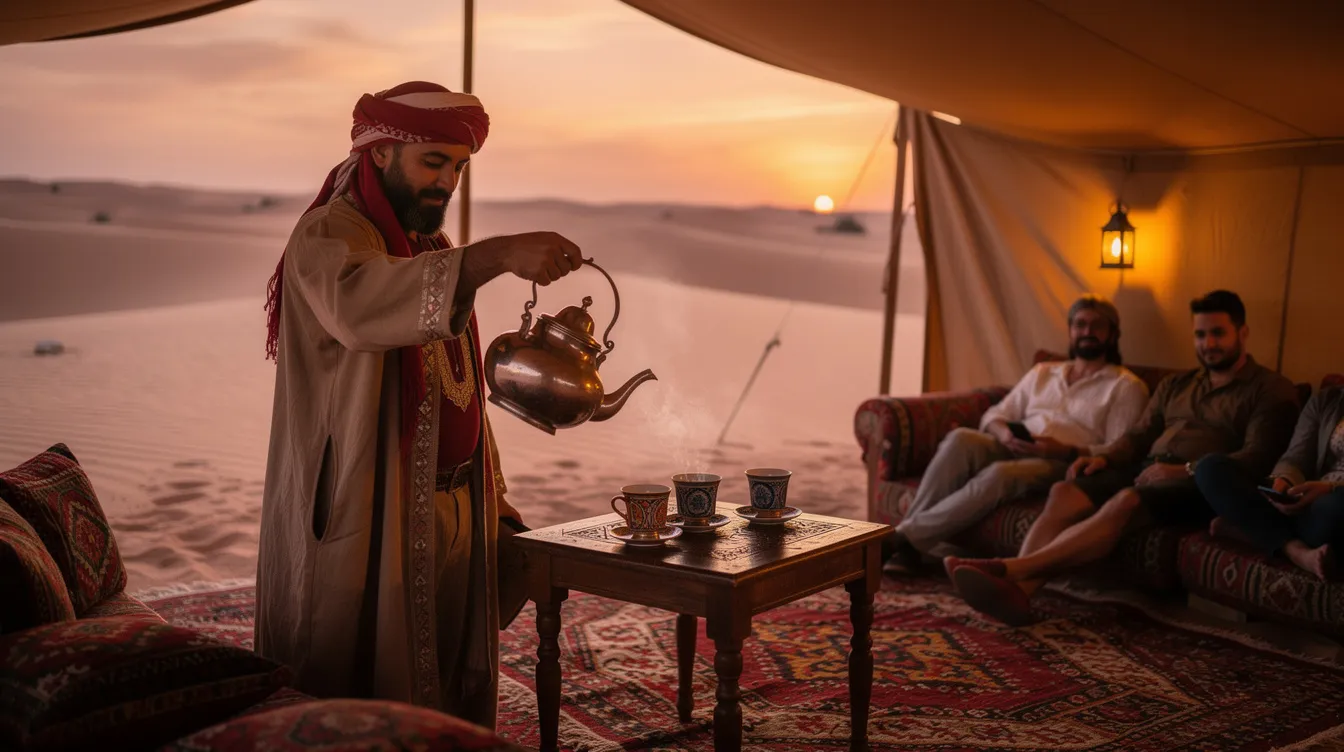 A guide is pouring traditional Moroccan mint tea for travelers in a cozy desert camp, surrounded by sand dunes as the sun sets, casting a warm golden light over the scene. The atmosphere reflects the rich culture of Morocco, where many locals communicate in Arabic and Berber languages, creating a welcoming environment for visitors.
