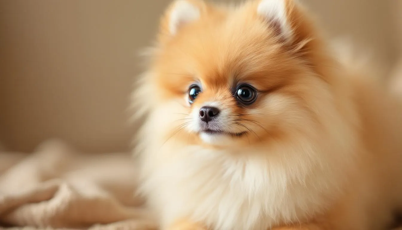 A fluffy Pomeranian puppy with a round face, large expressive eyes, and chubby cheeks is playfully engaging in a game of tug of war, showcasing its adorable features that trigger nurturing instincts in pet owners. This cute dog embodies child-like characteristics, radiating warmth and affection that many humans find irresistible.