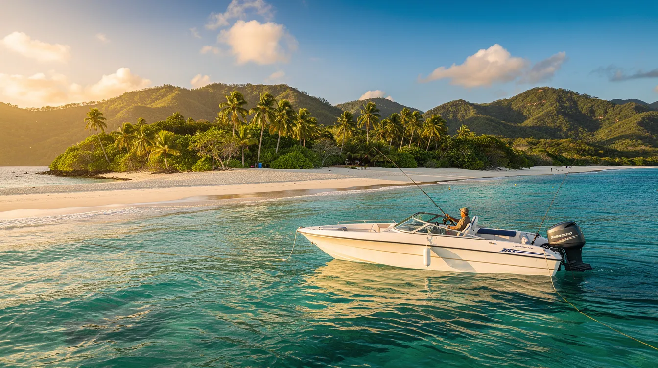 Um grupo de pescadores está em um speedboat, navegando em águas cristalinas do Mar Egeu, próximo à bela praia de Navagio, na ilha grega de Zakynthos. Ao fundo, a paisagem revela as impressionantes falésias e a areia branca, características das ilhas jônicas.