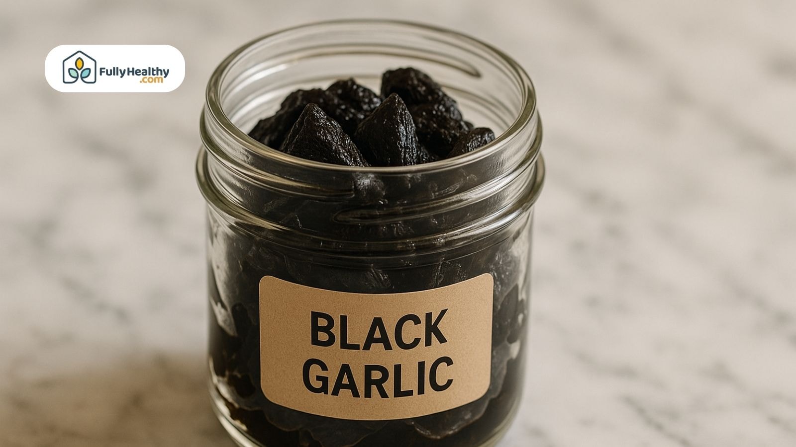 Glass jar filled with soft black garlic cloves on marble counter