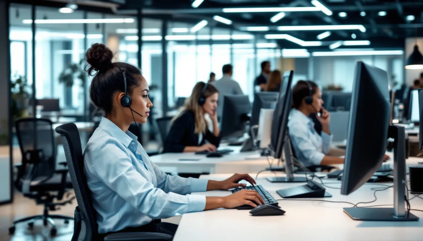 Ein Support-Team arbeitet an modernen Arbeitsplätzen, um Kundenanfragen über ein Ticketsystem zu bearbeiten. Die Mitarbeiter nutzen dabei verschiedene Tools wie Helpdesk-Software und Live-Chats, um effizient auf Probleme und Anliegen der Kundschaft zu reagieren.