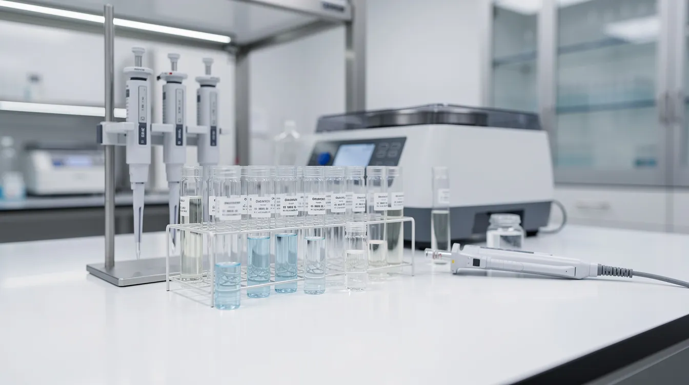 The image depicts a modern laboratory with glass vials and various research equipment arranged neatly on a clean white surface, suggesting a focus on scientific studies related to nmn supplementation and its health benefits. This setting is likely used for exploring different administration methods, such as oral and sublingual nmn, to enhance nmn absorption and support cellular metabolism.