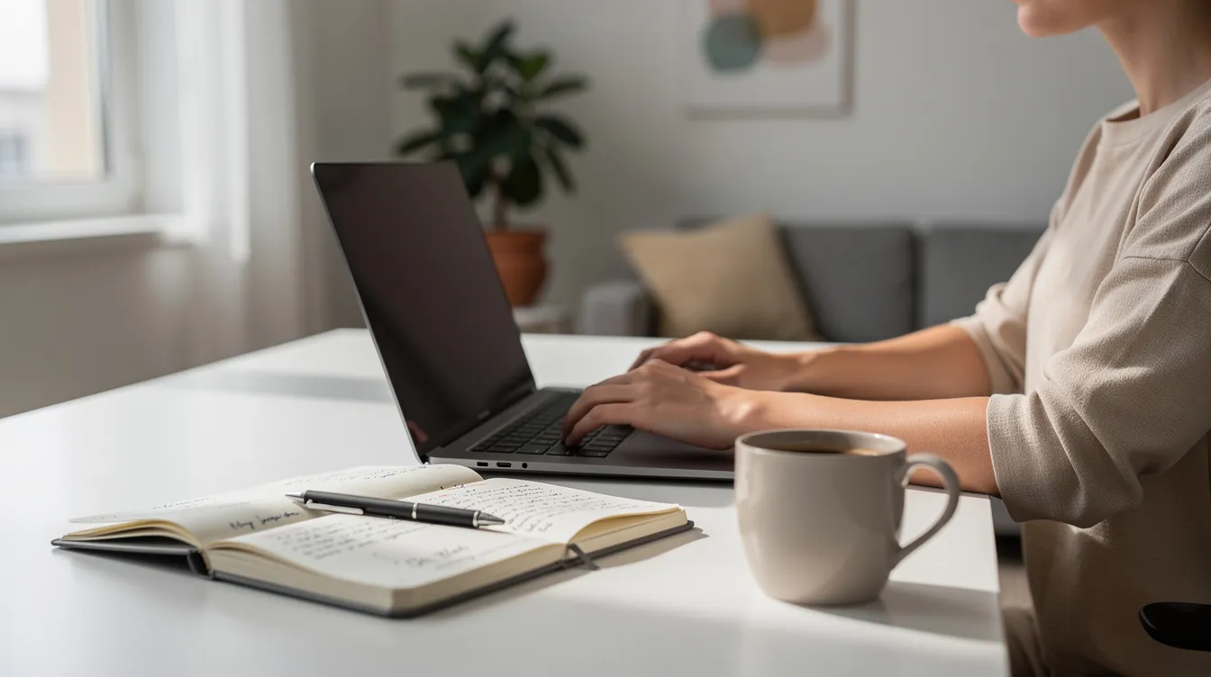 A person is sitting at a clean home office desk, working on a laptop surrounded by a cup of coffee and a notebook, exemplifying a productive environment for affiliate marketers or those running an online business. This scene reflects the organization and focus required for managing an affiliate marketing business or dropshipping store.