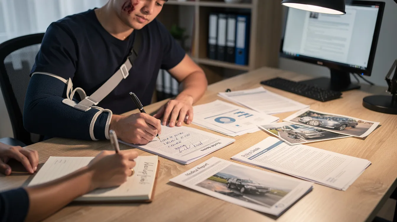 An injured client is seen organizing medical records, accident photos, and insurance paperwork on a desk in preparation for a meeting with a personal injury attorney. The scene captures the legal preparation concept, highlighting the importance of thorough documentation in personal injury cases to secure fair compensation.