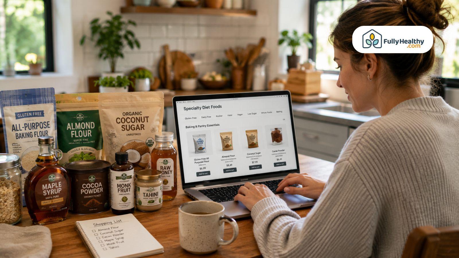 Woman browsing specialty diet foods online with pantry staples on kitchen counter