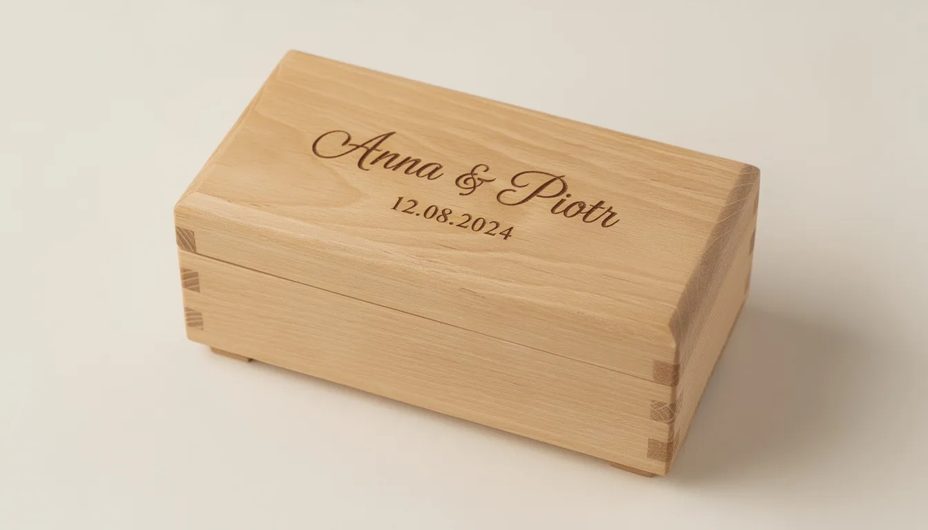 Oryginalne podziękowania dla rodziców – pomysły, prezenty, inspiracje 13 Na jasnym tle znajduje się drewniane pudełko z wygrawerowanymi imionami pary młodej oraz datą ich ślubu, stanowiące wyjątkowy sposób na wyrażenie wdzięczności rodzicom. To oryginalne podziękowanie dla rodziców może być częścią eleganckiego kosza prezentowego, idealnego na okazję ślubu.