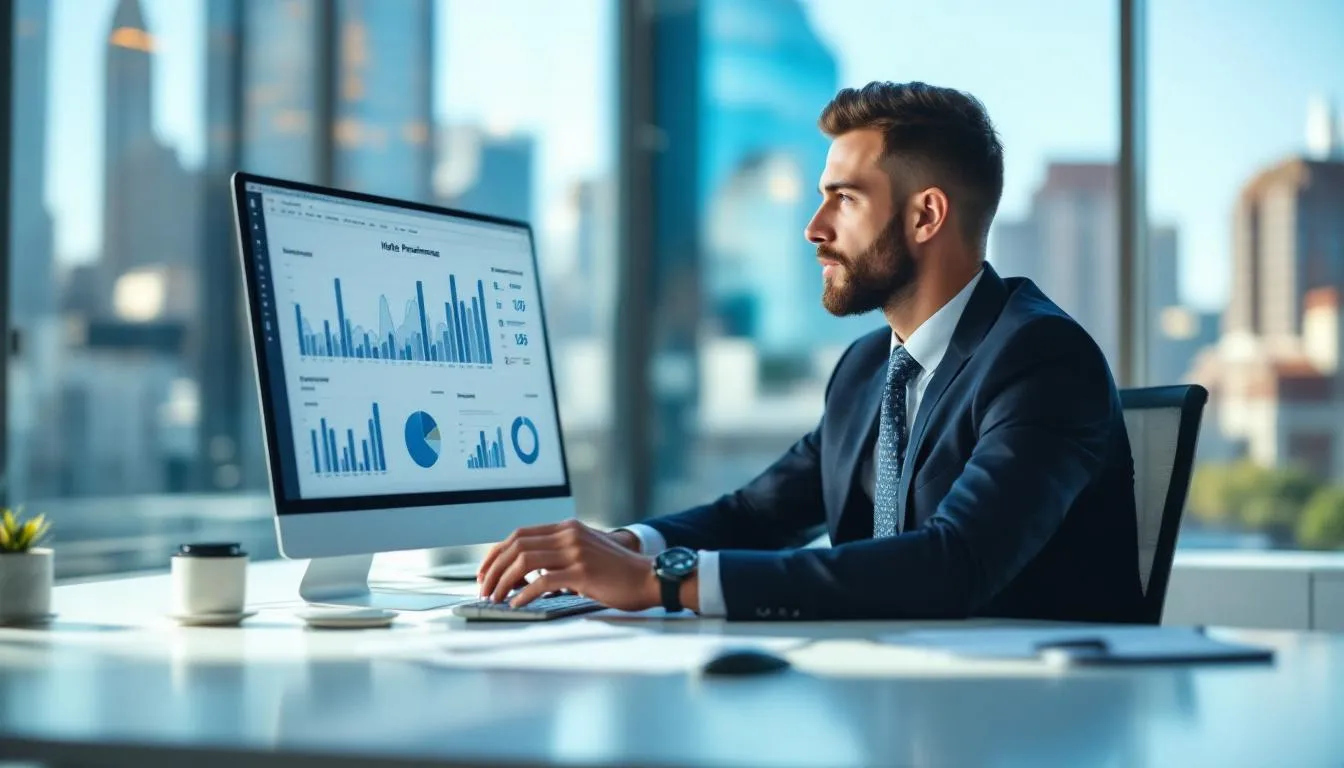 A business professional is focused on analyzing hotel performance data on a computer, reviewing key performance indicators such as gross operating profit, occupancy rates, and room revenue to make data-driven decisions aimed at maximizing revenue and enhancing guest satisfaction in the hospitality industry. The screen displays various metrics related to financial performance and operational efficiency, essential for hotel owners to evaluate their hotel's success.