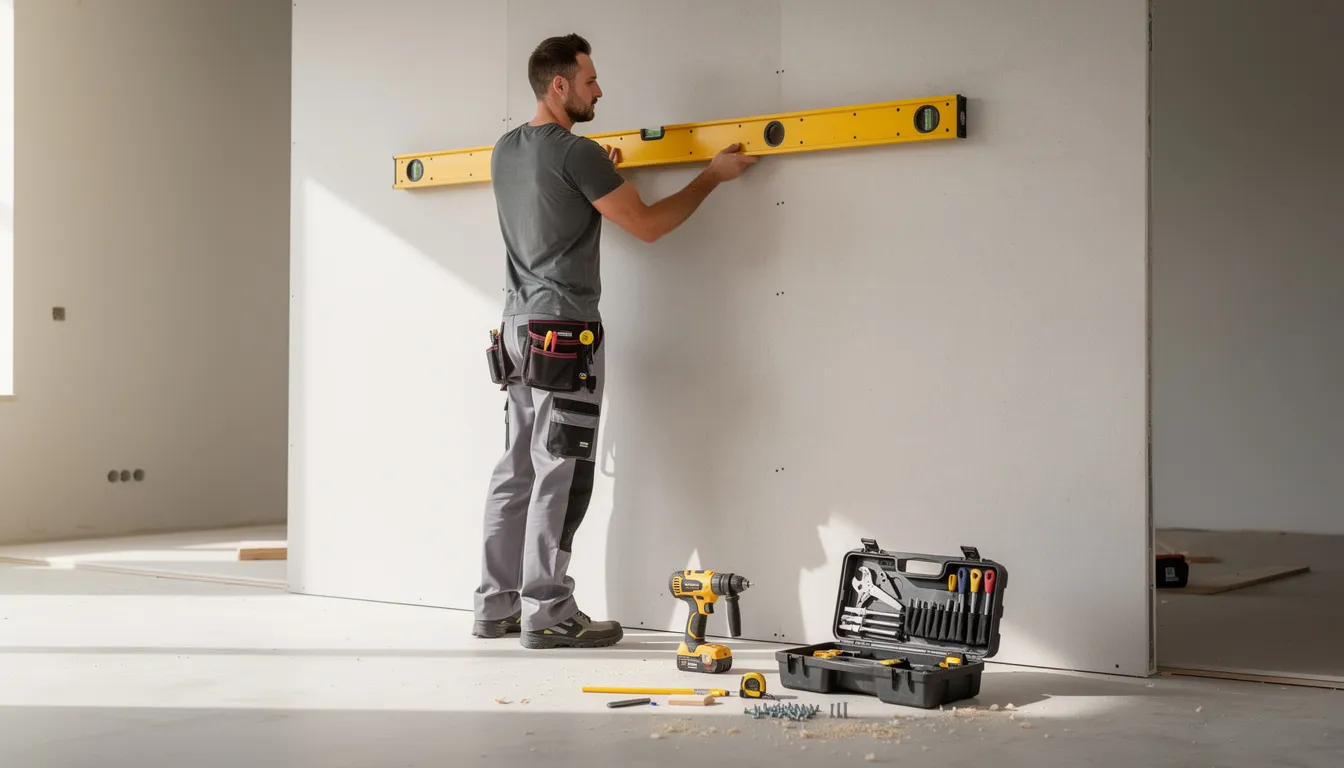 Een persoon installeert wandpanelen in een kamer met behulp van een waterpas en gereedschap, terwijl ze zorgen voor een stevige en veilige montage. De wandpanelen, die een belangrijke rol spelen in het creëren van een gezellige sfeer, zijn beschikbaar in verschillende modellen en levendige kleuren.