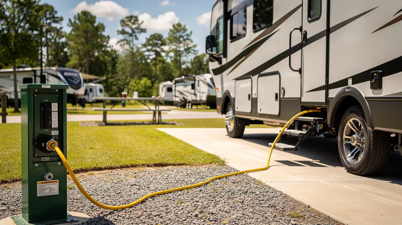 An RV parked at a campground hookup site is connected to an electrical pedestal via a power cord, ready for a family adventure. The scene highlights the convenience of RV living, showcasing the essential setup for travelers looking to enjoy the outdoors.