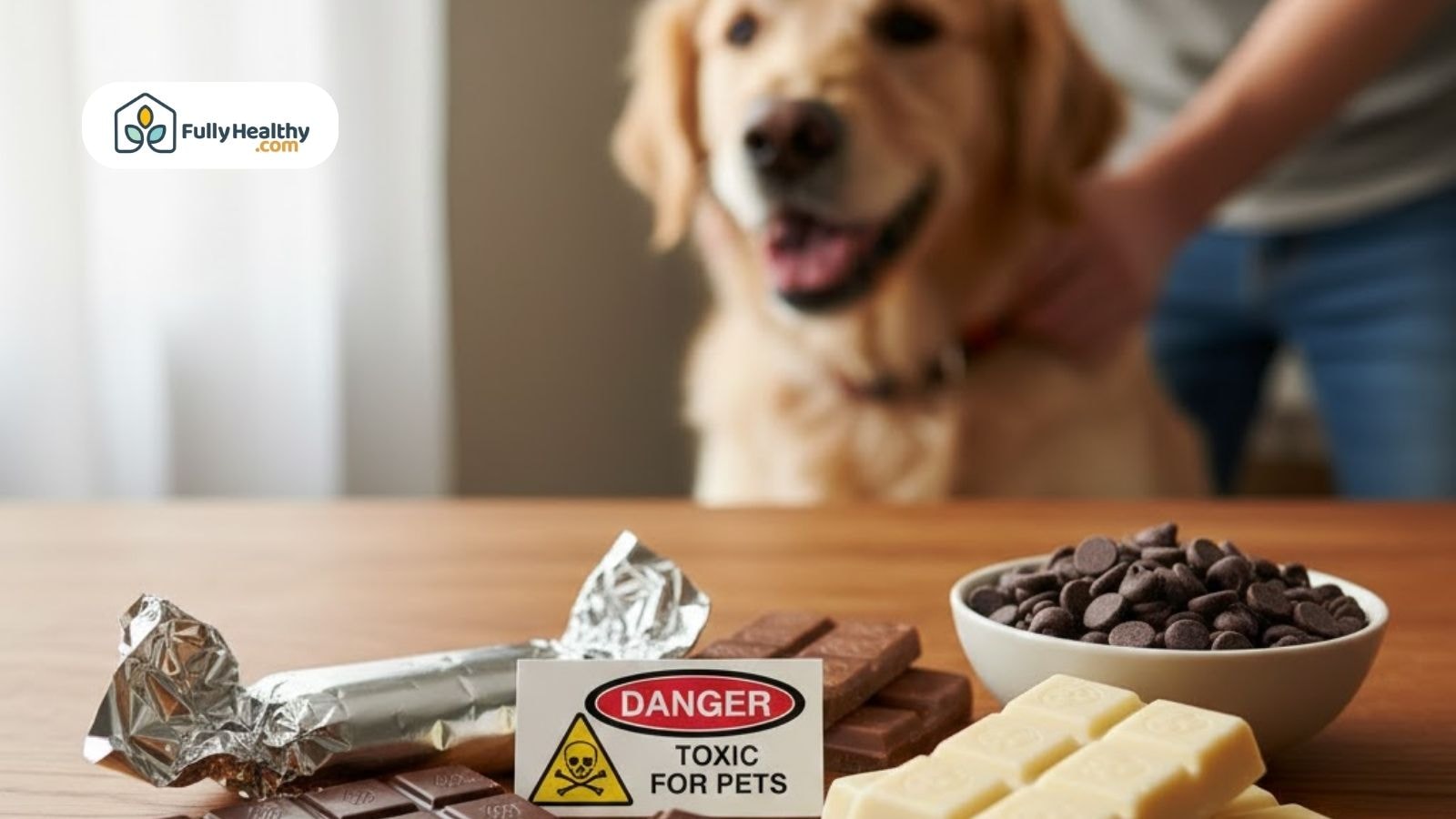 Dog near chocolates with toxic warning sign on wooden table
