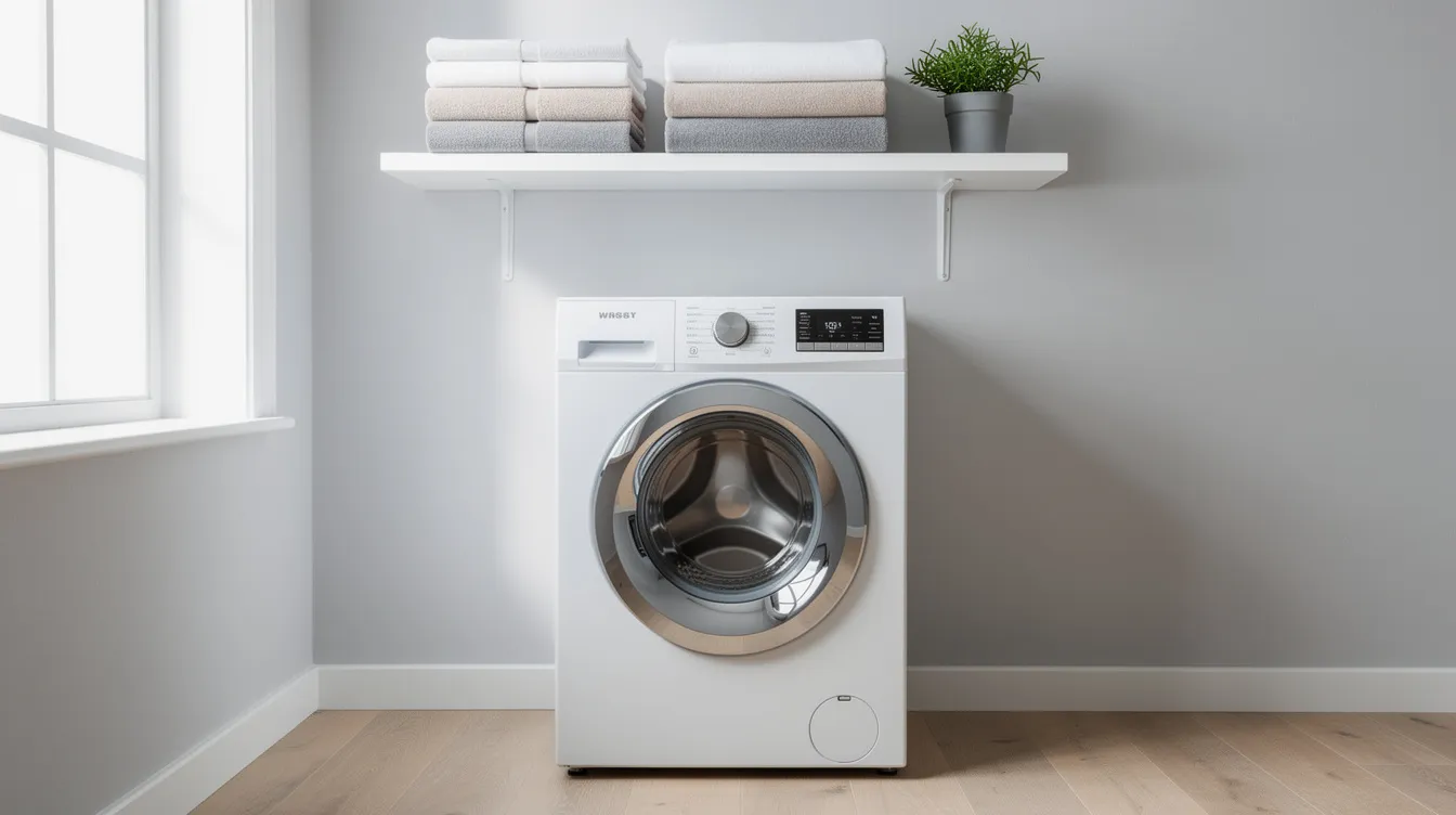 The image features a modern white washing machine in a bright and tidy utility room, complemented by neatly folded towels on a shelf above. This energy-efficient washing machine is an ideal choice for homeowners in Northern Ireland looking to save energy and reduce their electricity bills.