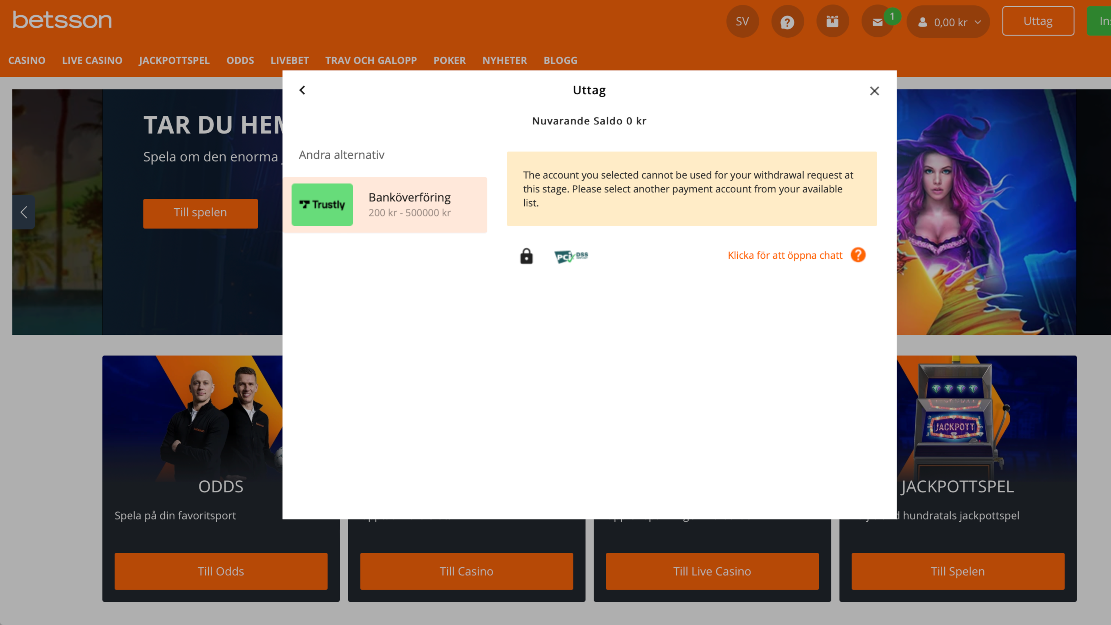 Uttag via Betsson med Trustly.