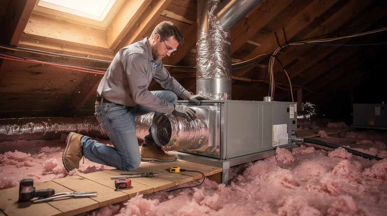 An HVAC technician is working in a residential attic, installing a Lennox air conditioner, which is known for its energy efficiency and advanced technologies. The technician is carefully positioning the unit to ensure optimal performance and humidity control in the home.