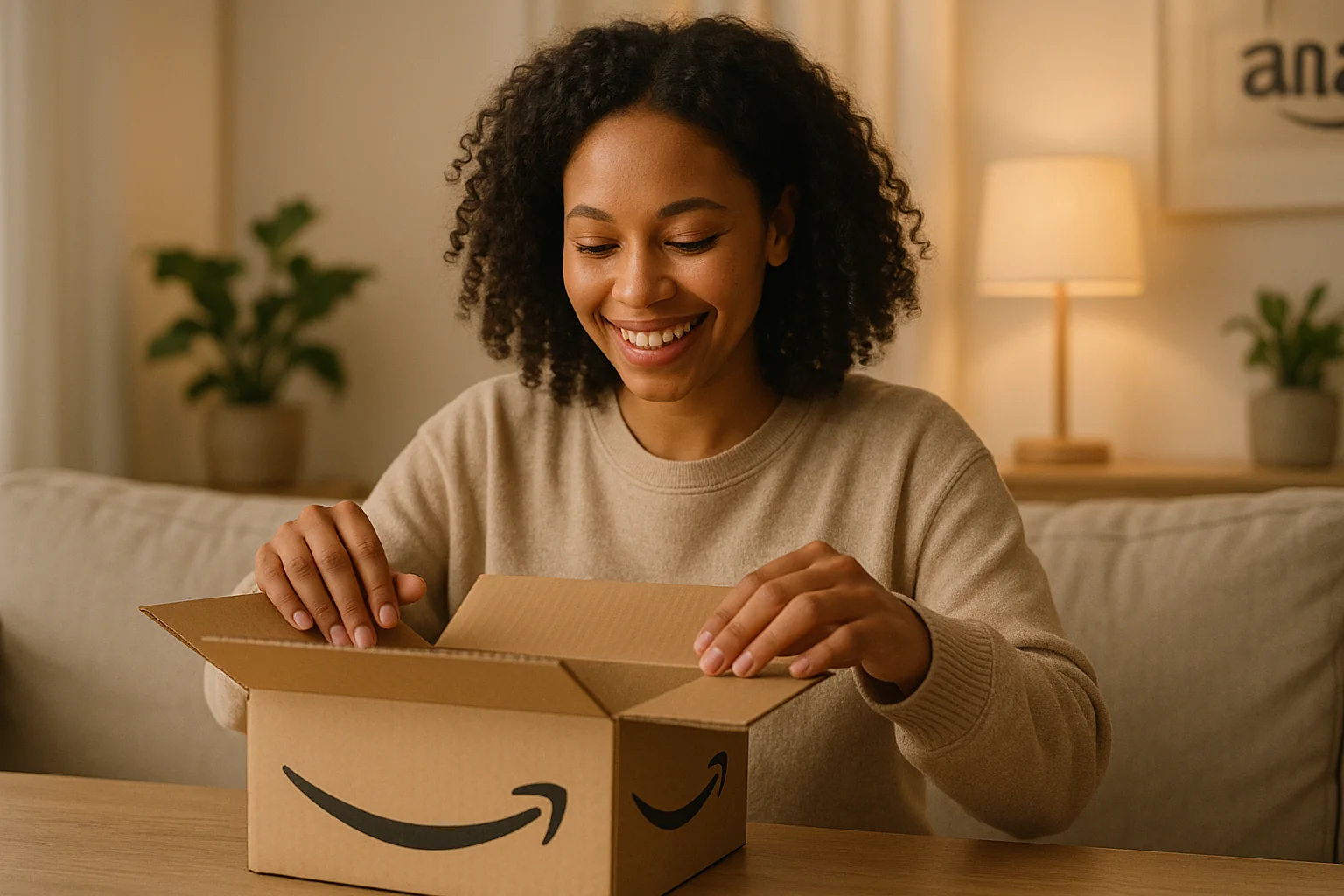 A customer happily receiving an Amazon package, reflecting subtle brand loyalty through experience.