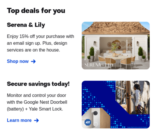 Text at the top reading Top deals for you and then two images related to two different offers.