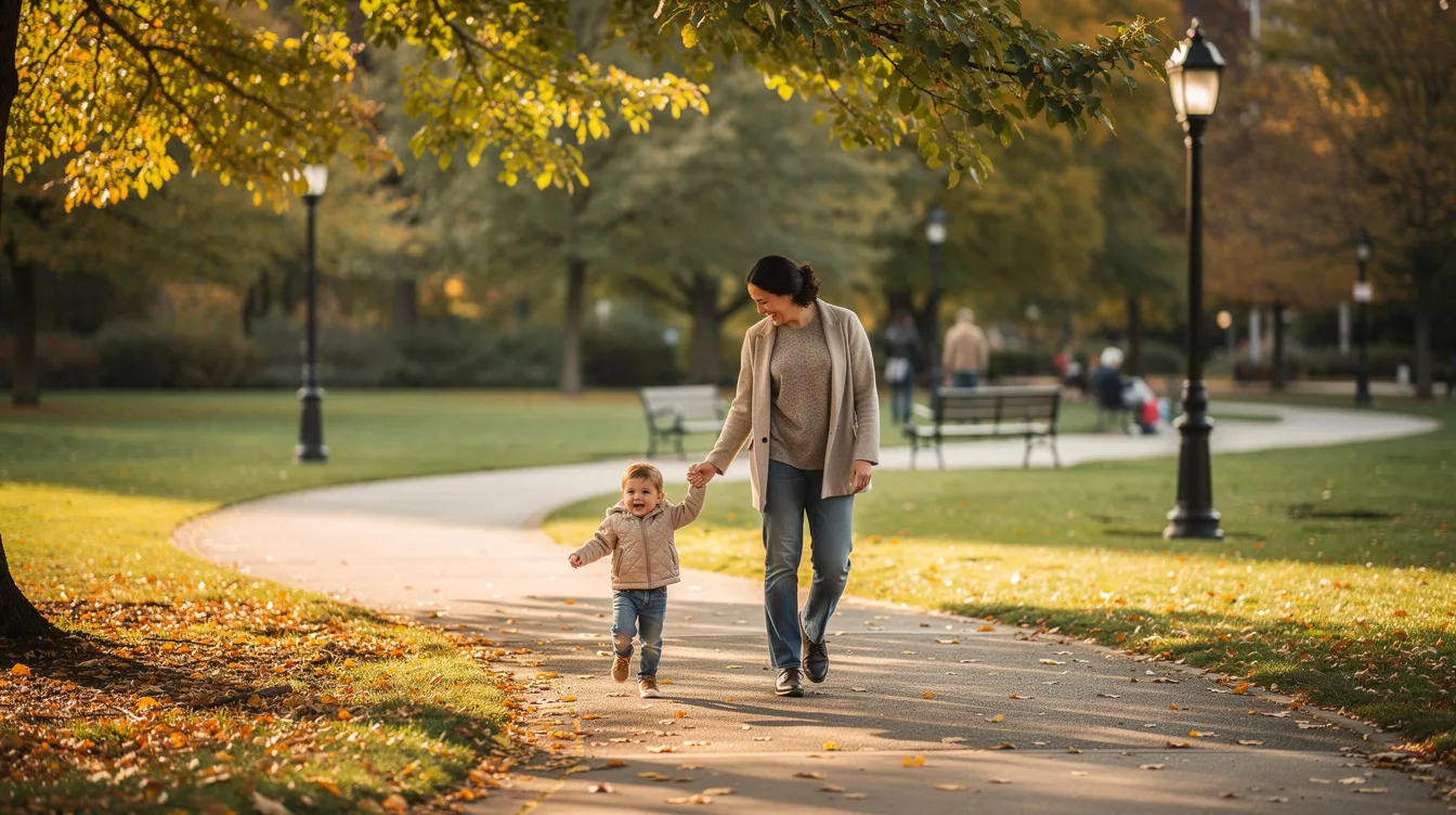 W parku spaceruje rodzic z dzieckiem, które trzyma go za rękę. Obserwują otaczającą ich przyrodę, co może przypominać o obowiązku rodzica w zakresie utrzymania dziecka oraz świadczeń alimentacyjnych.