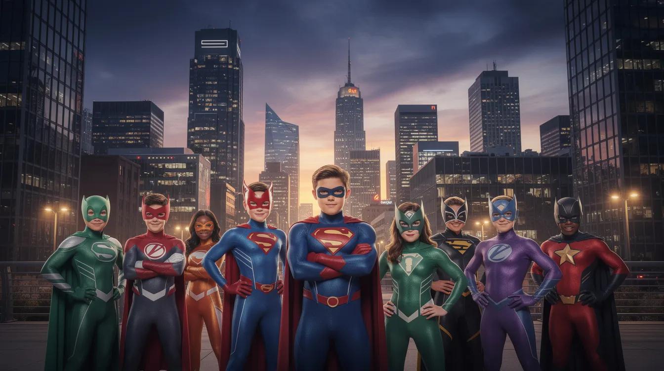 Die Panorama-Aufnahme zeigt eine Gruppe junger Superhelden in bunten Kostümen, die entschlossen vor der beeindruckenden Silhouette einer Stadt im Abendlicht stehen. Diese Szene erinnert an die aufregenden Abenteuer aus dem Marvel Cinematic Universe und weckt die Vorfreude auf zukünftige Filme und Serien.